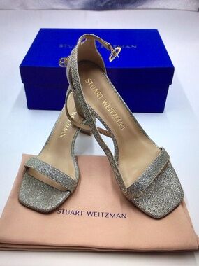 Stuart Weitzman Glittery Silver Open-Toe Ankle-Strap Heels